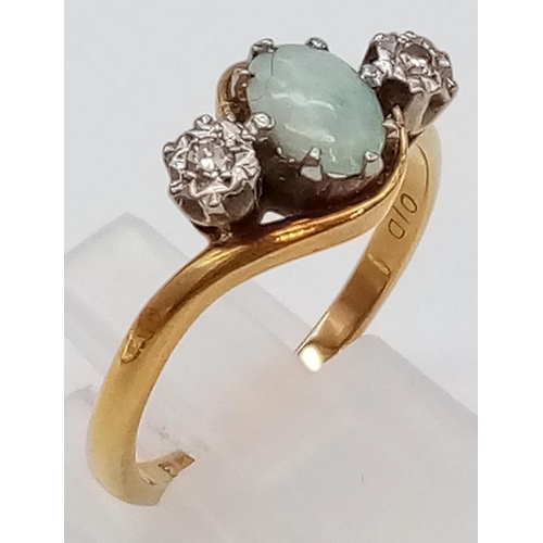 255 - 18K YELLOW GOLD DIAMOND & OPAL 3 STONE RING 4.3G WITH ORIGINAL BOX