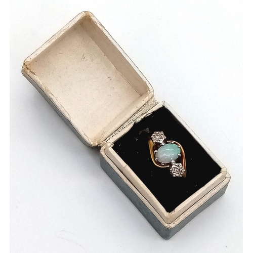 255 - 18K YELLOW GOLD DIAMOND & OPAL 3 STONE RING 4.3G WITH ORIGINAL BOX