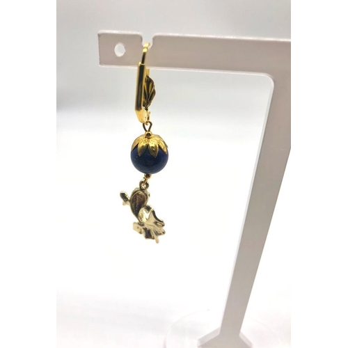 548 - A Pair of 24K Gold Plated Lapis Lazuli Ball Earrings with Leaping Fish Decoration. Lever back clasp.