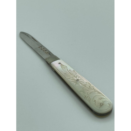 229 - Antique SILVER bladed FRUIT KNIFE with mother of pearl handle,Having clear hallmark for Arthur Stani... 