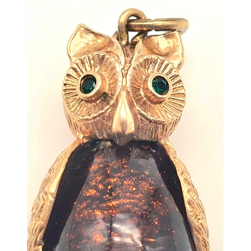 136 - 9K YELLOW GOLD OWL CHARM/PENDANT 9.8G