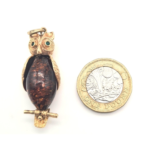 136 - 9K YELLOW GOLD OWL CHARM/PENDANT 9.8G