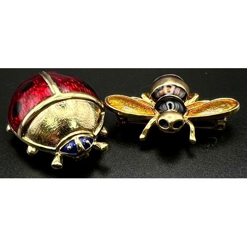 467 - Set of four animal brooches, gold tone metal with bright enamelling work. Snake, ladybird, dragonfly... 