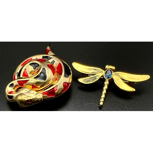 467 - Set of four animal brooches, gold tone metal with bright enamelling work. Snake, ladybird, dragonfly... 