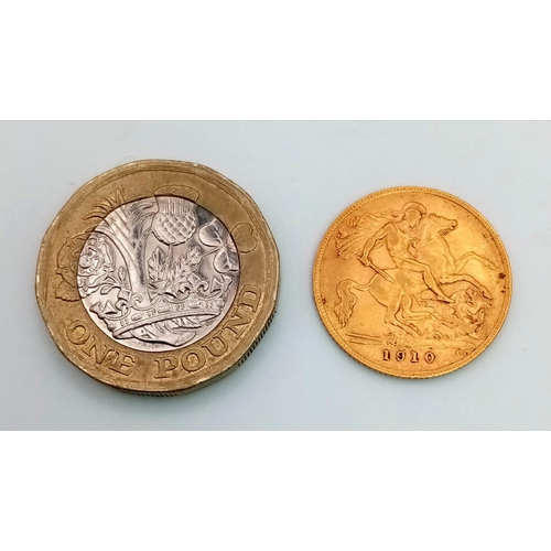 606 - A 1910 22K Gold Half Sovereign Coin. 4g.