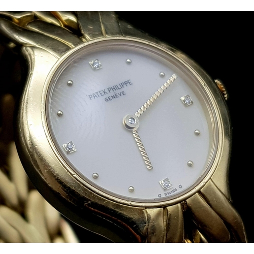 94 - An 18 K yellow gold PATEK PHILIPPE ladies watch. 23 mm dial, cream coloured face with four diamonds ... 