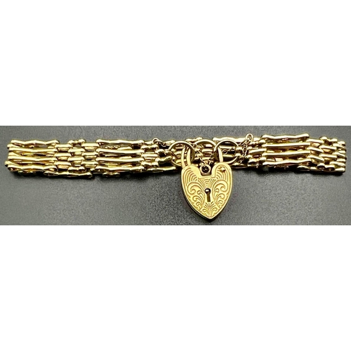 96 - A Vintage 9K Yellow Gold Ladder-Link Bracelet with Heart Clasp and Safety Chain. 18cm. 13g.