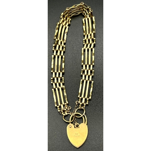 96 - A Vintage 9K Yellow Gold Ladder-Link Bracelet with Heart Clasp and Safety Chain. 18cm. 13g.