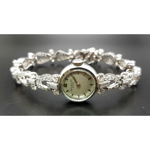 178 - An 18 K white gold PATEK PHILIPPE ladies diamond watch. 18 mm dial, bracelet fully covered with bagu... 