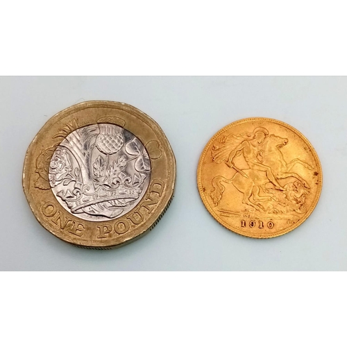 606 - A 1910 22K Gold Half Sovereign Coin. 4g.