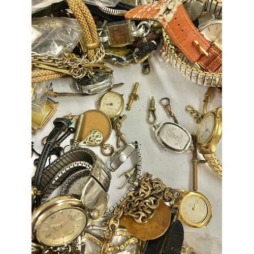 650 - Large collection of  Vintage watches & watch chains etc , includes pocket watch ticking , clips etc ... 