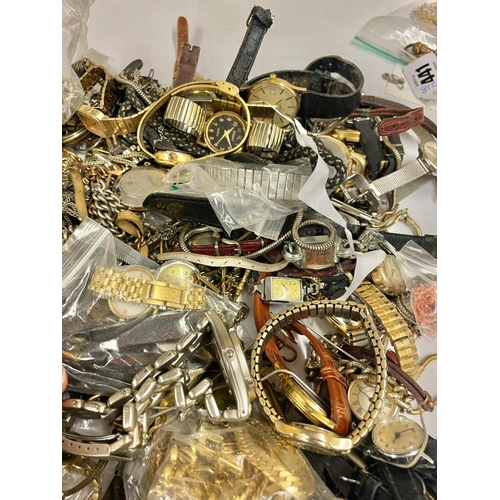 650 - Large collection of  Vintage watches & watch chains etc , includes pocket watch ticking , clips etc ... 