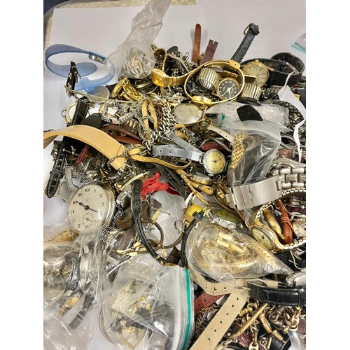 650 - Large collection of  Vintage watches & watch chains etc , includes pocket watch ticking , clips etc ... 