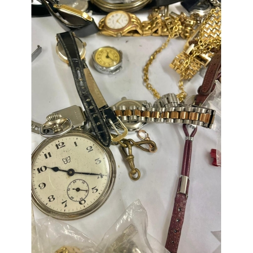 650 - Large collection of  Vintage watches & watch chains etc , includes pocket watch ticking , clips etc ... 