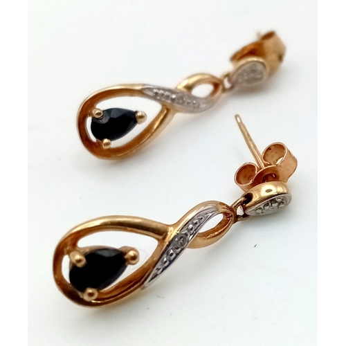 303 - 9K YELLOW GOLD DIAMOND & SAPPHIRE DROP EARRINGS 2G