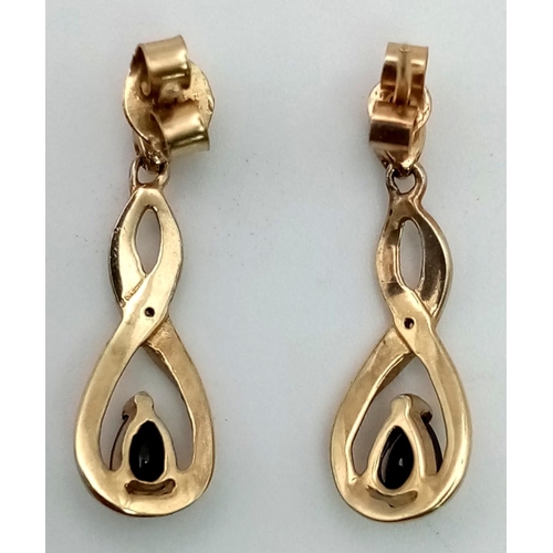 303 - 9K YELLOW GOLD DIAMOND & SAPPHIRE DROP EARRINGS 2G