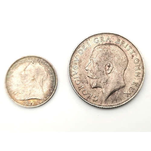 641 - A Silver George V 1911 One Shilling and a Queen Victoria 1893 Threepence coin. Please see photos for... 