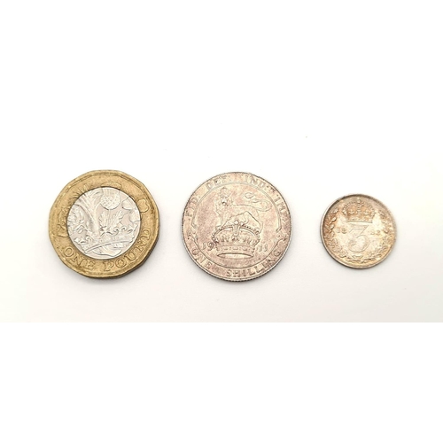 641 - A Silver George V 1911 One Shilling and a Queen Victoria 1893 Threepence coin. Please see photos for... 