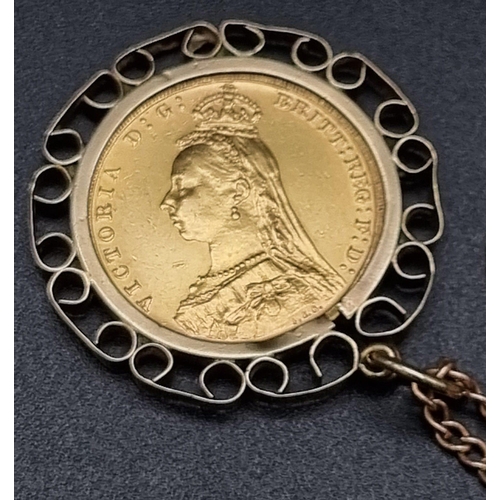 218 - A 22k Gold 1893 Full Sovereign Set in 9k Yellow Gold - Attached to a 9K yellow gold Necklace. 17.05g... 