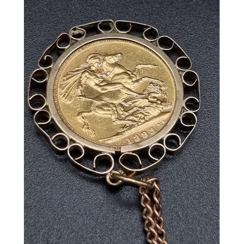 218 - A 22k Gold 1893 Full Sovereign Set in 9k Yellow Gold - Attached to a 9K yellow gold Necklace. 17.05g... 