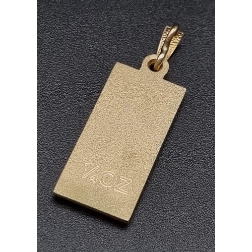 506 - A 9k Yellow Gold Quarter-Ounce Ingot Pendant. 2.5cm.
7.9g total weight.