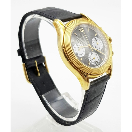 92 - An 18 K yellow gold MAUBOUSSIN CHRONOGRAPH gents watch. 34 mm dial, dark grey face with three MOP ro... 