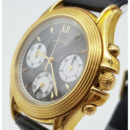 92 - An 18 K yellow gold MAUBOUSSIN CHRONOGRAPH gents watch. 34 mm dial, dark grey face with three MOP ro... 