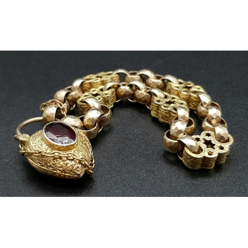 18 - An Absolutely Splendid Victorian Hand-Made 15K Gold Bracelet. Faceted belcher links connected to bea... 