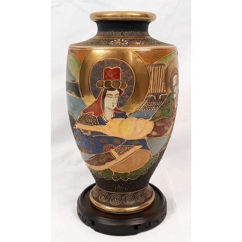 373 - A Large Vintage Satsuma Japanese Porcelain Vase. Hand-painted with gilded decoration throughout. 34c... 