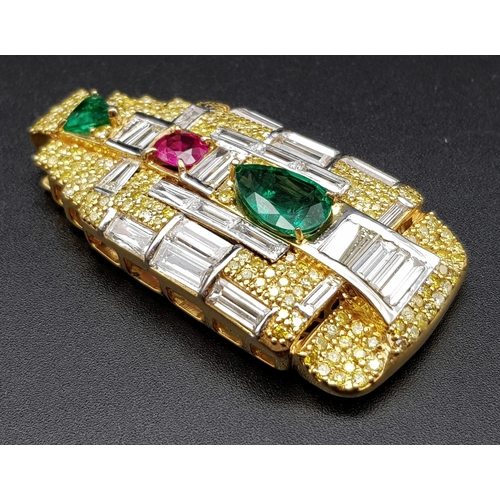 81 - An amazing 18 K yellow gold pendant with two emeralds (4.17 carats trillion and pear cut), one ruby ... 