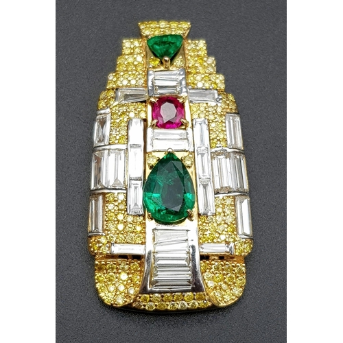 81 - An amazing 18 K yellow gold pendant with two emeralds (4.17 carats trillion and pear cut), one ruby ... 