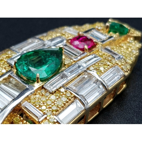 81 - An amazing 18 K yellow gold pendant with two emeralds (4.17 carats trillion and pear cut), one ruby ... 