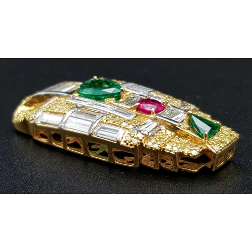 81 - An amazing 18 K yellow gold pendant with two emeralds (4.17 carats trillion and pear cut), one ruby ... 