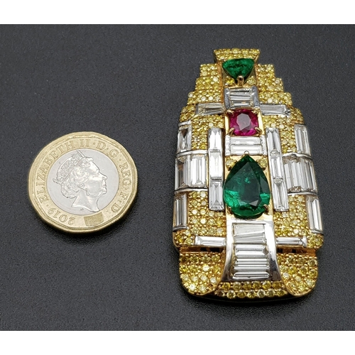 81 - An amazing 18 K yellow gold pendant with two emeralds (4.17 carats trillion and pear cut), one ruby ... 