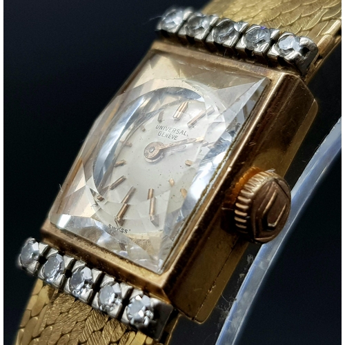 184 - A vintage 18 K yellow gold UNIVERSAL ladies watch. Rectangular dial (20 x 12 mm) with diamonds on th... 