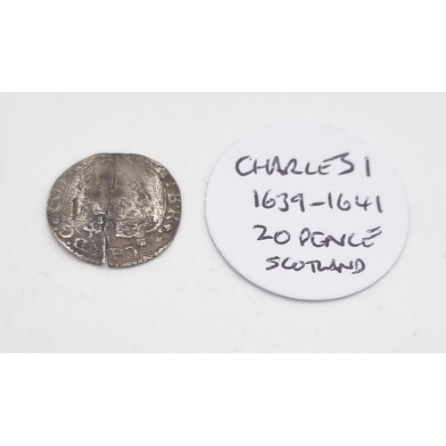 611 - A Charles I  Scottish Silver 20 pence Hammered Coin. 1639-1641. Edinburgh mint. Near fine condition ... 