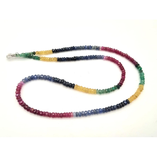 645 - An Emerald, Sapphire and Ruby Bead Necklace. 40cm.