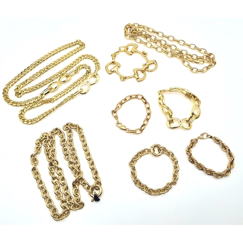 345 - A Selection of Eight Chunky Gold Plated Jewellery Pieces. Bracelets and chains.