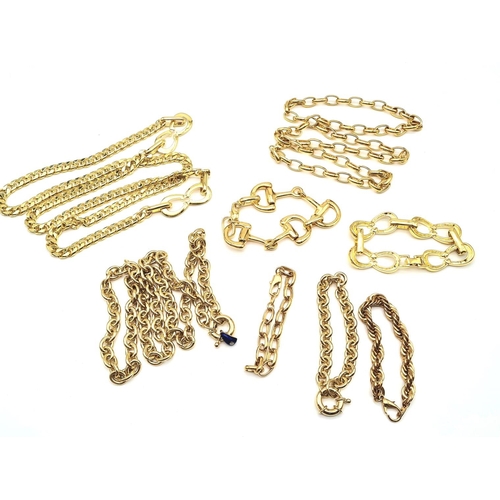 345 - A Selection of Eight Chunky Gold Plated Jewellery Pieces. Bracelets and chains.