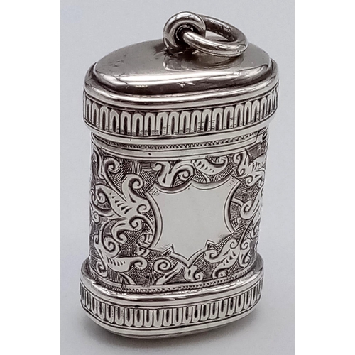 410 - A Rare Shaped (barrel) Antique Silver Vesta Case. Hallmarks for Birmingham. 3.5 x 2cm.