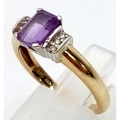 265 - 9K YELLOW GOLD DIAMOND & AMETHYST RING. 2.9G SIZE O.