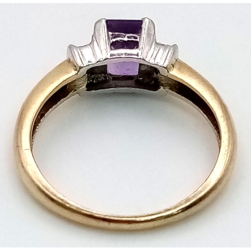 265 - 9K YELLOW GOLD DIAMOND & AMETHYST RING. 2.9G SIZE O.