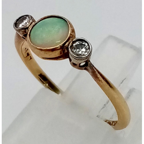 287 - 18K YELLOW GOLD DIAMOND & OPAL 3 STONE RING. 1.7G SIZE M 0.10CT