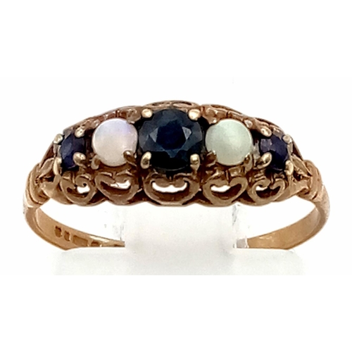 355 - 9K YELLOW GOLD VINTAGE OPAL & SAPHIRE 5 STONE RING. 1.2G. SIZE J.