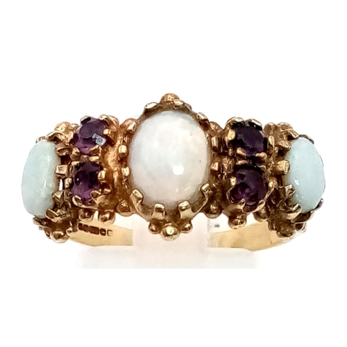 360 - 9K YELLOW GOLD VINTAGE OPAL AND AMETHYST RING. 4.4G. SIZE R