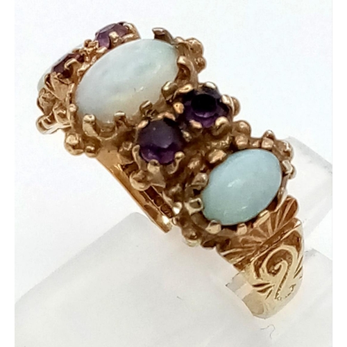 360 - 9K YELLOW GOLD VINTAGE OPAL AND AMETHYST RING. 4.4G. SIZE R