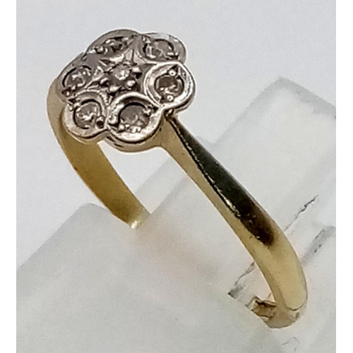 369 - 18K YELLOW GOLD & PLATINUM VINTAGE DIMAOND FLOWER CLUSTER RING. 0.10CT SIZE I 1.8G