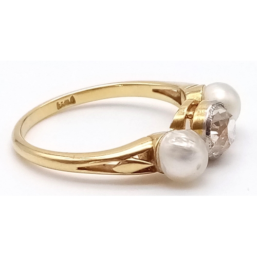 181 - An Antique Victorian 18K Yellow Gold, Diamond and Seed Pearl Ring. A 1ct diamond with a natural pear... 