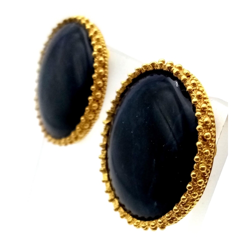 540 - A Pair of 18K Yellow Gold Lalaounis Sodalite Disc Earrings. 2.5cm diameter. 20.5g total weight