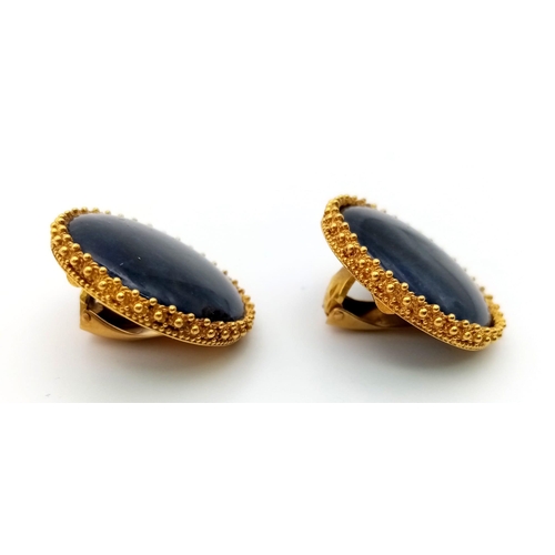 540 - A Pair of 18K Yellow Gold Lalaounis Sodalite Disc Earrings. 2.5cm diameter. 20.5g total weight